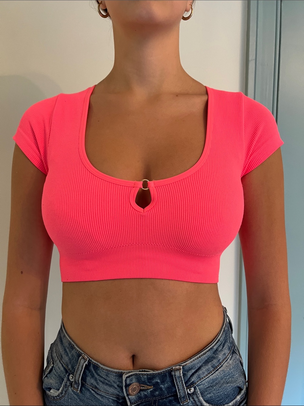 Aerie - Women’s Ribbed Crop Top with Keyhole - Hot Coral Pink